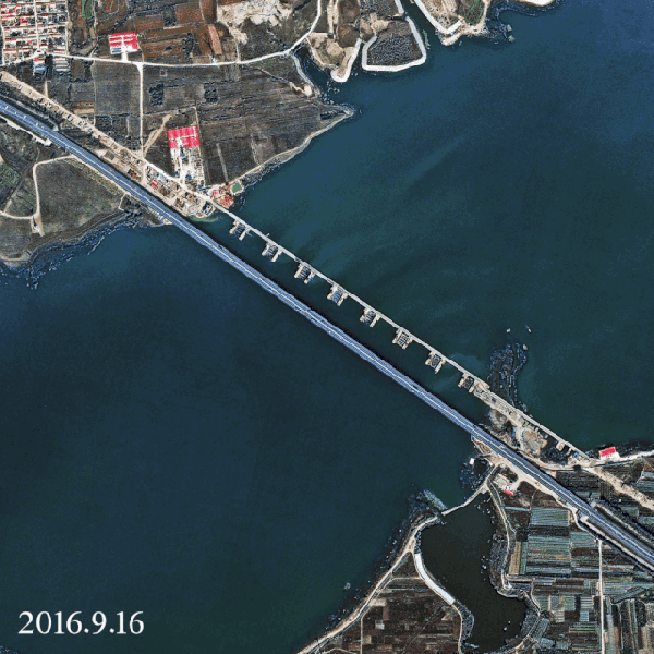 ▲高分二号拍摄的官厅水库特大桥建设过程。